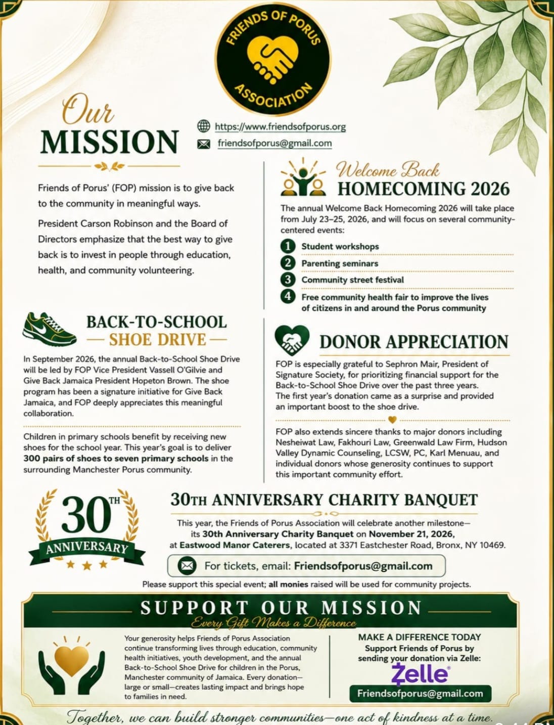 Friends of Porus 2026 mission flyer: Homecoming 2026, Back-to-School Shoe Drive, donor appreciation, and the 30th Anniversary Charity Banquet