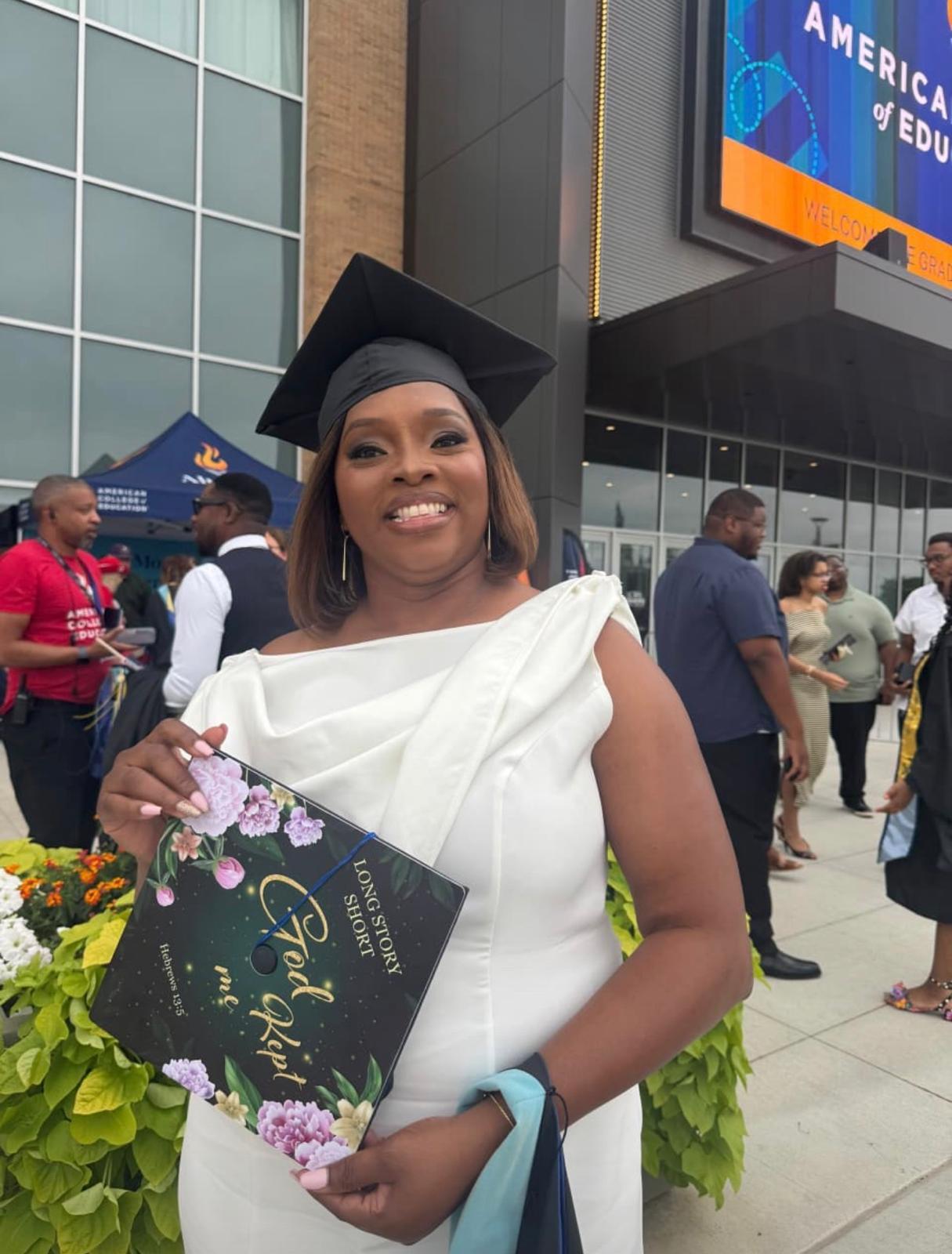Debbie Ann Watson, Director of Friends of Porus, in cap and gown at her college graduation