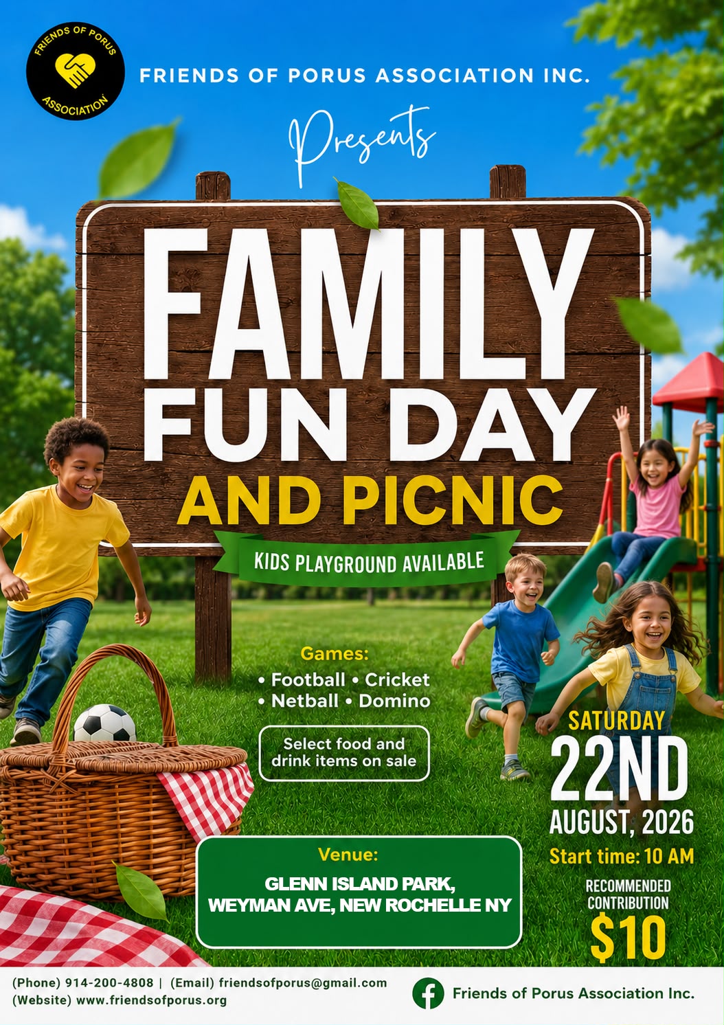 Friends of Porus Family Fun Day and Picnic flyer, Saturday August 22, 2026 at Glenn Island Park, New Rochelle NY